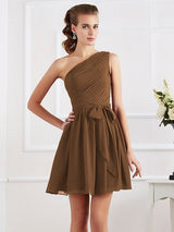 Charming Pleats One Shoulder Sleeveless Short Chiffon Bridesmaid Dresses-Ballbella