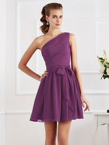 Charming Pleats One Shoulder Sleeveless Short Chiffon Bridesmaid Dresses-Ballbella