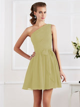 Charming Pleats One Shoulder Sleeveless Short Chiffon Bridesmaid Dresses-Ballbella