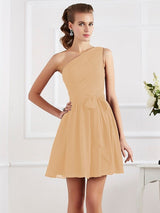 Charming Pleats One Shoulder Sleeveless Short Chiffon Bridesmaid Dresses-Ballbella