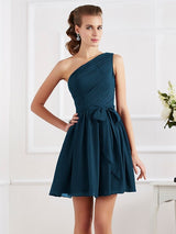 Charming Pleats One Shoulder Sleeveless Short Chiffon Bridesmaid Dresses-Ballbella