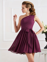Charming Pleats One Shoulder Sleeveless Short Chiffon Bridesmaid Dresses-Ballbella
