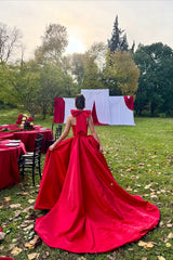 Charming Red Halter Sleeveless A-Line Satin Prom Dress High Split With Pleats Zipper-Ballbella