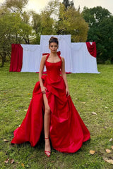 Charming Red Halter Sleeveless A-Line Satin Prom Dress High Split With Pleats Zipper-Ballbella