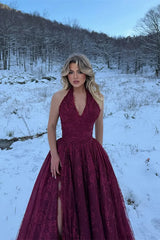 Charming Red Halter V-Neck Sleeveless Lace Prom Dresses A-Line Long With High Split-Ballbella