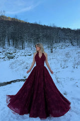 Charming Red Halter V-Neck Sleeveless Lace Prom Dresses A-Line Long With High Split-Ballbella