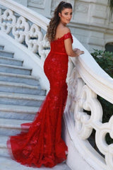 Charming Red Off-the-shoulder Mermaid Long Prom Dresses with Glitter-Ballbella