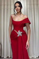 Charming Red One Shoulder Satin Mermaid Prom Dresses Sheath With Pleats Ruffles-Ballbella