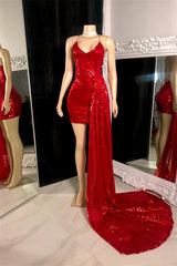 Charming Red Spaghetti-Straps V-Neck Sleeveless Mini Prom Dresses Ruffles With Criss-Cross Back-Ballbella