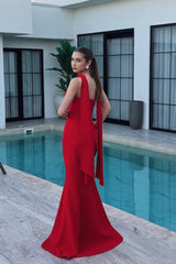 Charming Red Strapless Satin Mermaid Prom Dresses Floor Length Sleeveless On Sale-Ballbella