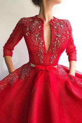 Charming Sequins Tulle V-neck Red Jewel 3/4 Sleeves Appliques Long Prom Party Gowns-Ballbella