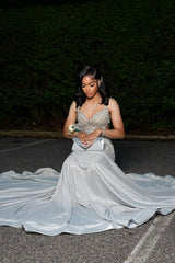 Charming Silver Sweetheart Straps Sleeveless Mermaid Prom Dresses Column With Gem-Ballbella