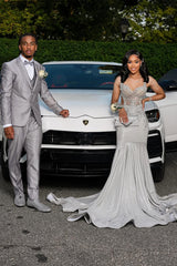 Charming Silver Sweetheart Straps Sleeveless Mermaid Prom Dresses Column With Gem-Ballbella