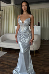 Charming Silver V-Neck Spaghetti-Straps Sleeveless Prom Dresses Mermaid With Beads-Ballbella