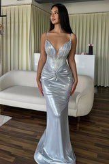 Charming Silver V-Neck Spaghetti-Straps Sleeveless Prom Dresses Mermaid With Beads-Ballbella