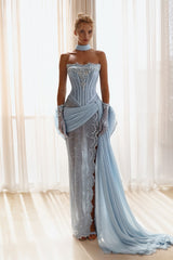 Charming Sky Blue Strapless Sleeveless Prom Dress High Split Gem With Ruffle-Ballbella