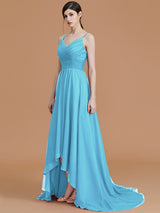 Charming Spaghetti Straps Sleeveless Asymmetrical Ruffles Chiffon Bridesmaid Dresses-Ballbella