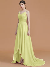 Charming Spaghetti Straps Sleeveless Asymmetrical Ruffles Chiffon Bridesmaid Dresses-Ballbella