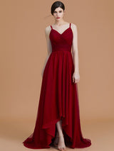 Charming Spaghetti Straps Sleeveless Asymmetrical Ruffles Chiffon Bridesmaid Dresses-Ballbella