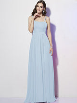 Charming Spaghetti Straps Sleeveless Pleats Long Chiffon Bridesmaid Dresses-Ballbella