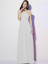 Charming Spaghetti Straps Sleeveless Pleats Long Chiffon Bridesmaid Dresses-Ballbella