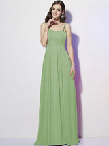 Charming Spaghetti Straps Sleeveless Pleats Long Chiffon Bridesmaid Dresses-Ballbella