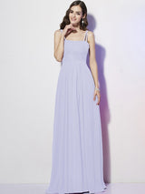 Charming Spaghetti Straps Sleeveless Pleats Long Chiffon Bridesmaid Dresses-Ballbella
