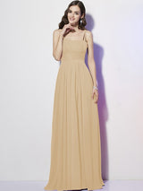 Charming Spaghetti Straps Sleeveless Pleats Long Chiffon Bridesmaid Dresses-Ballbella
