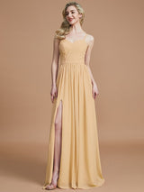 Charming Spaghetti Straps Sleeveless Ruched Chiffon Bridesmaid Dresses-Ballbella