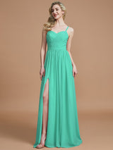 Charming Spaghetti Straps Sleeveless Ruched Chiffon Bridesmaid Dresses-Ballbella