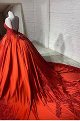 Charming Spaghetti Straps V Neck Aline Wedding Dress Orange Floral Appliques-Ballbella