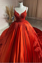 Charming Spaghetti Straps V Neck Aline Wedding Dress Orange Floral Appliques-Ballbella