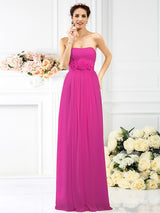 Charming Strapless Hand-Made Flower Sleeveless Long Chiffon Bridesmaid Dresses-Ballbella