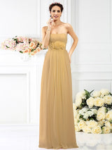 Charming Strapless Hand-Made Flower Sleeveless Long Chiffon Bridesmaid Dresses-Ballbella