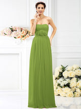 Charming Strapless Hand-Made Flower Sleeveless Long Chiffon Bridesmaid Dresses-Ballbella