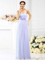 Charming Strapless Hand-Made Flower Sleeveless Long Chiffon Bridesmaid Dresses-Ballbella