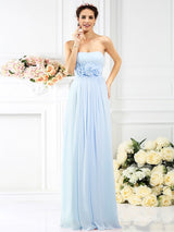 Charming Strapless Hand-Made Flower Sleeveless Long Chiffon Bridesmaid Dresses-Ballbella