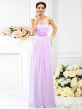 Charming Strapless Hand-Made Flower Sleeveless Long Chiffon Bridesmaid Dresses-Ballbella