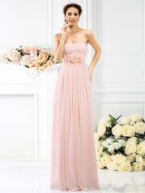 Charming Strapless Hand-Made Flower Sleeveless Long Chiffon Bridesmaid Dresses-Ballbella