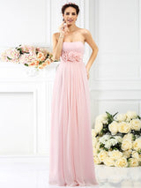 Charming Strapless Hand-Made Flower Sleeveless Long Chiffon Bridesmaid Dresses-Ballbella