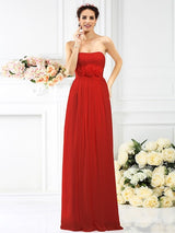 Charming Strapless Hand-Made Flower Sleeveless Long Chiffon Bridesmaid Dresses-Ballbella