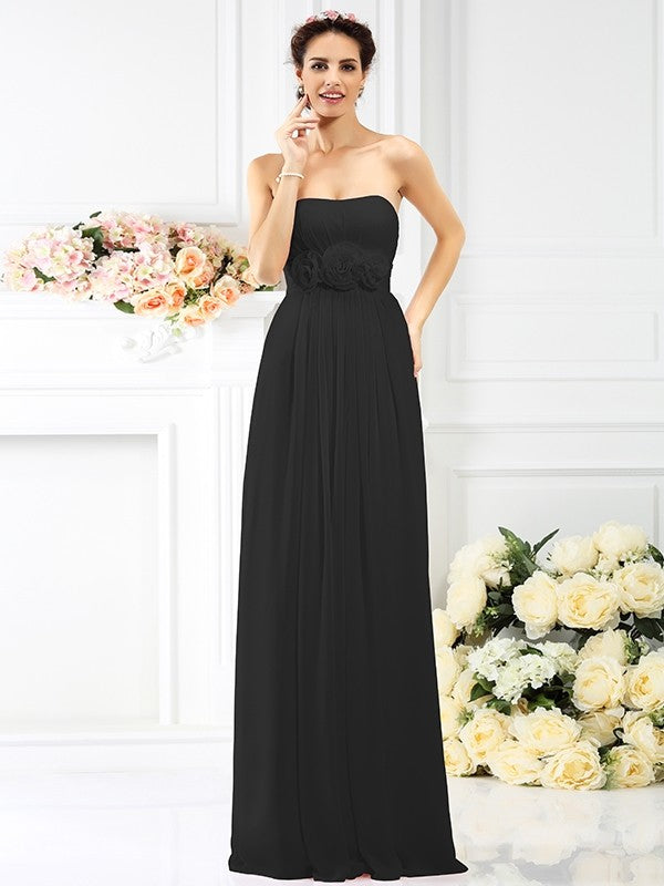Charming Strapless Hand-Made Flower Sleeveless Long Chiffon Bridesmaid Dresses Charming Strapless Hand-Made Flower Sleeveless Long Chiffon Bridesmaid Dresses