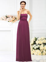 Charming Strapless Hand-Made Flower Sleeveless Long Chiffon Bridesmaid Dresses-Ballbella