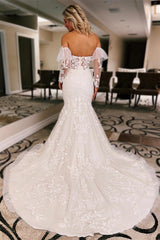 Charming Strapless Mermaid Tulle Wedding Dress Open Back Lace Appliques With Detachable Long Sleeves-Ballbella