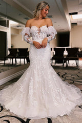 Charming Strapless Mermaid Tulle Wedding Dress Open Back Lace Appliques With Detachable Long Sleeves-Ballbella