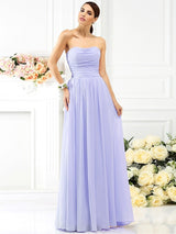 Charming Strapless Pleats Sleeveless Long Chiffon Bridesmaid Dresses-Ballbella