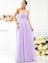 Charming Strapless Pleats Sleeveless Long Chiffon Bridesmaid Dresses-Ballbella