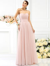 Charming Strapless Pleats Sleeveless Long Chiffon Bridesmaid Dresses-Ballbella