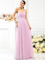 Charming Strapless Pleats Sleeveless Long Chiffon Bridesmaid Dresses-Ballbella