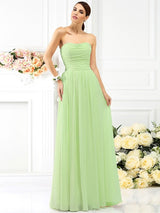Charming Strapless Pleats Sleeveless Long Chiffon Bridesmaid Dresses-Ballbella